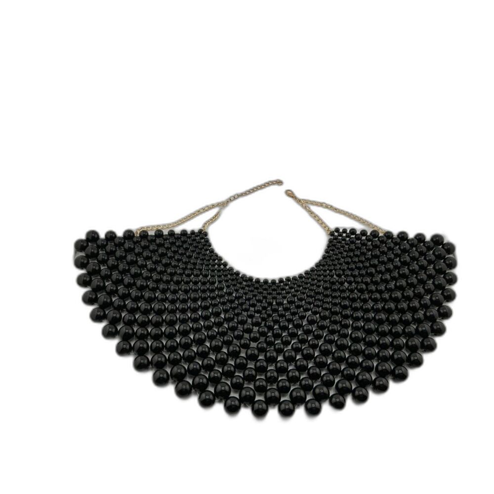 Black Graduated Bead Bib Statement Necklace Gold Tone Chain Adjustable Collar